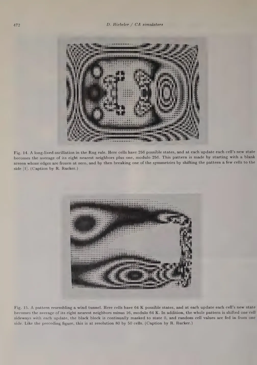 Primary-source scan of the Rug figures page from D. Hiebeler's CA simulators article.